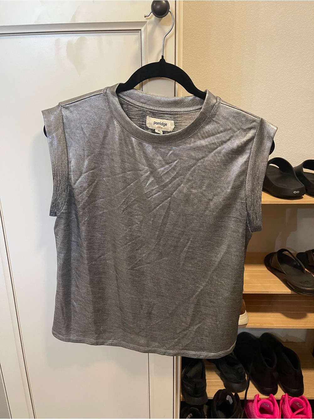 Porridge Cotton-Blend Metallic Silver Sleeveless Crewneck Top